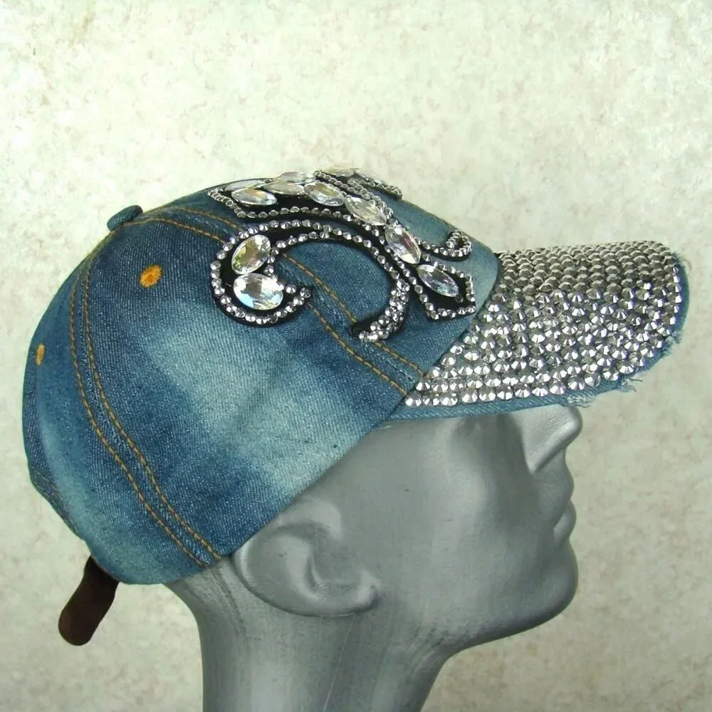 Womens One Size Blue Denim Bling Rhinestone Studded Distressed Adjustable Hat